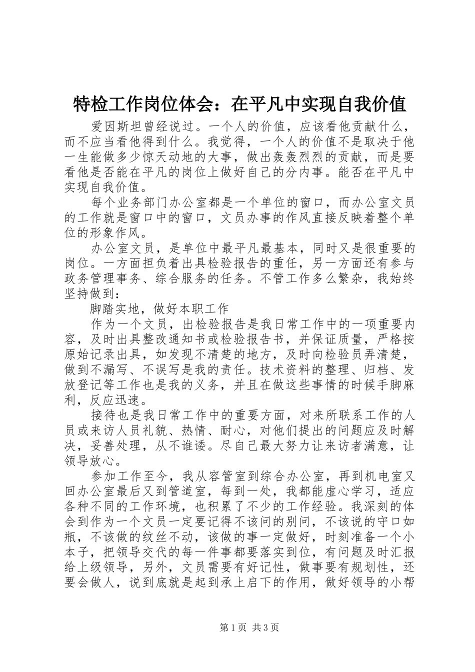 2024年特检工作岗位体会在平凡中实现自我价值_第1页