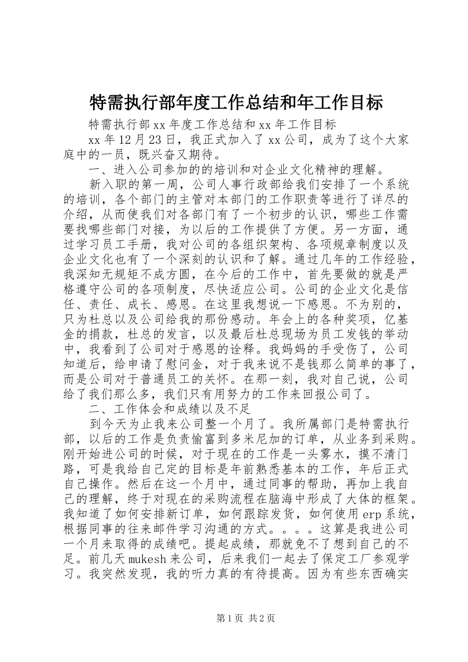 2024年特需执行部年度工作总结和年工作目标_第1页