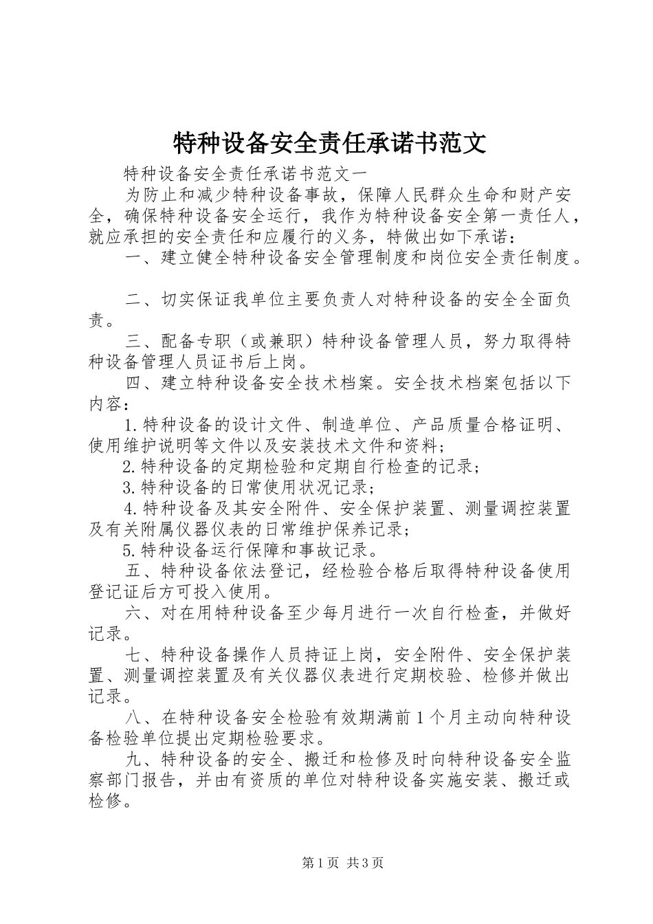 2024年特种设备安全责任承诺书范文_第1页