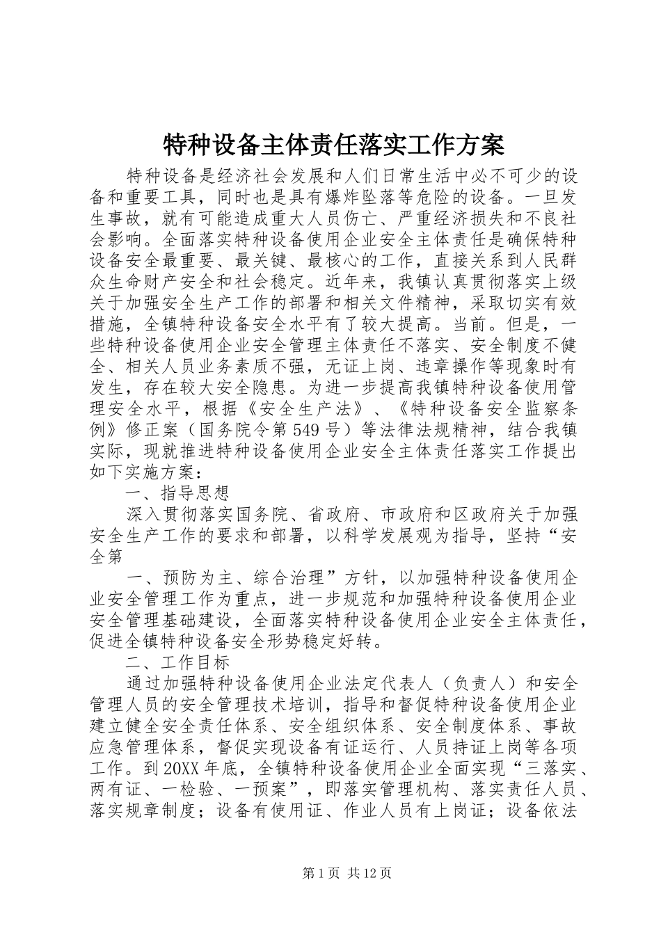 2024年特种设备主体责任落实工作方案_第1页
