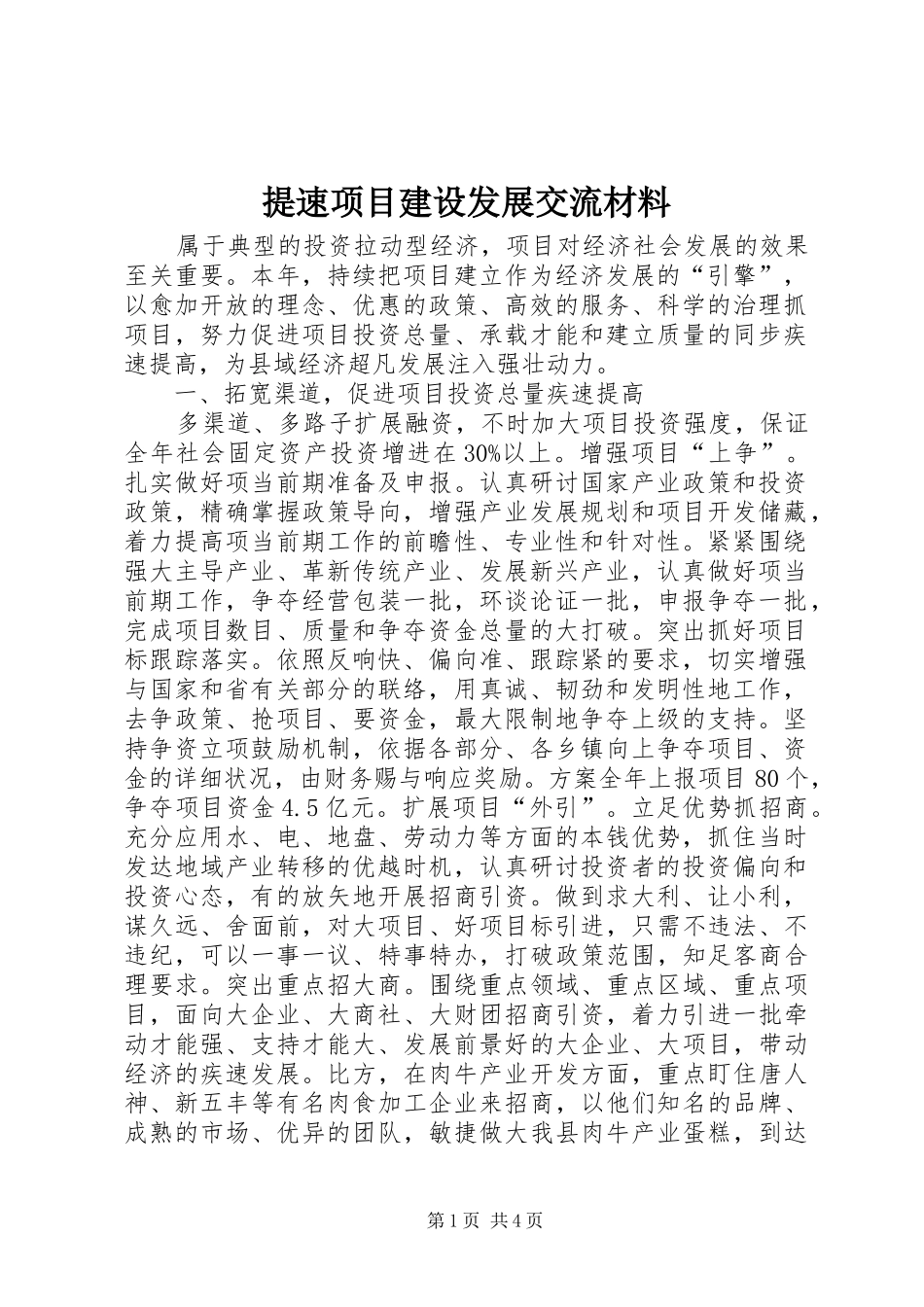 2024年提速项目建设发展交流材料_第1页