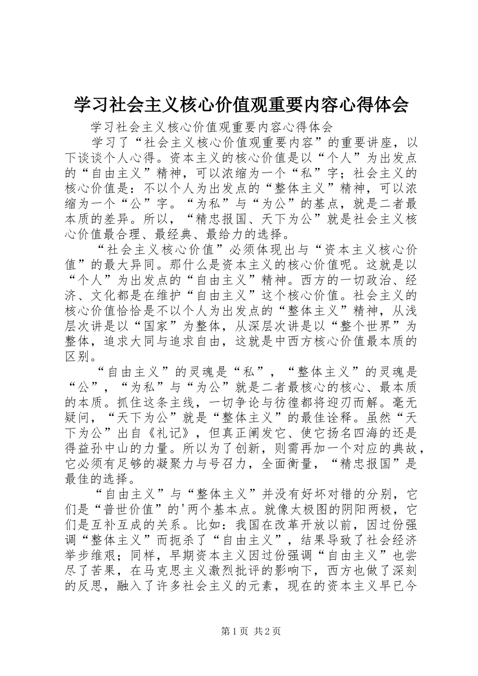 2024年学习社会主义核心价值观重要内容心得体会_第1页