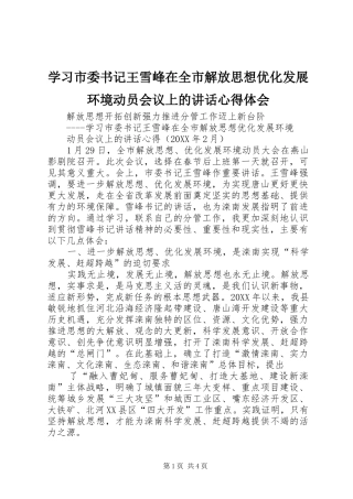 2024年学习市委书记王雪峰在全市解放思想优化发展环境动员会议上的致辞心得体会