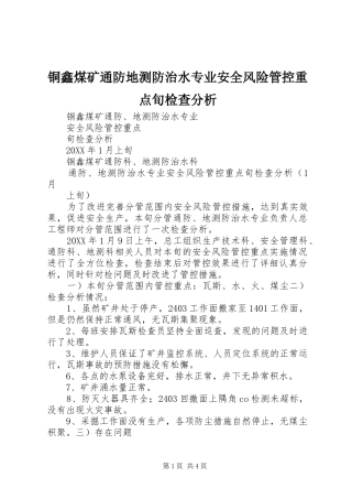 2024年铜鑫煤矿通防地测防治水专业安全风险管控重点旬检查分析