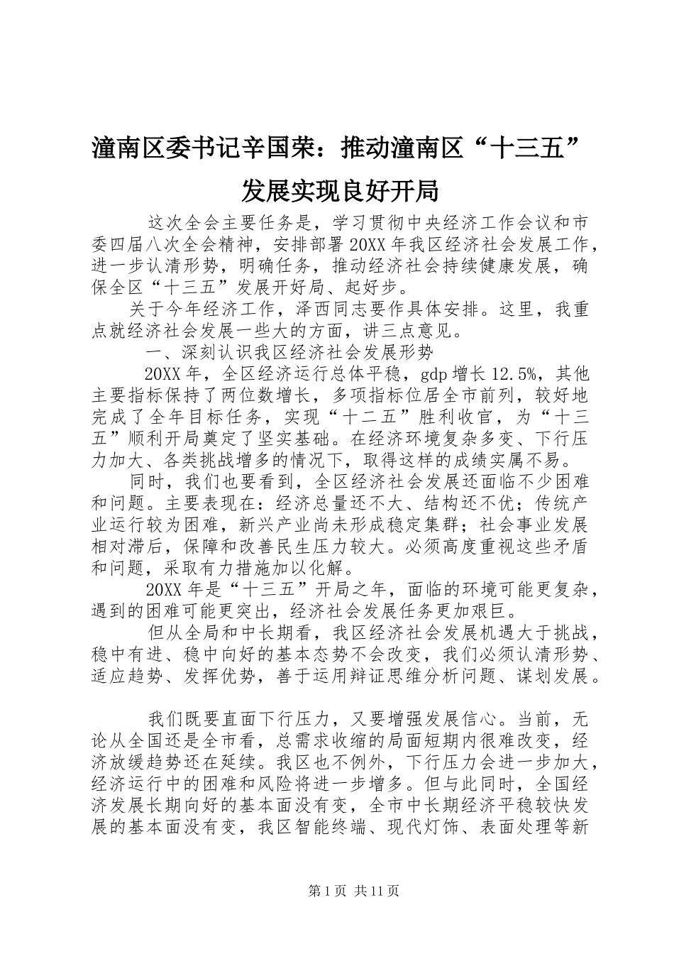 2024年潼南区委书记辛国荣推动潼南区十三五发展实现良好开局_第1页