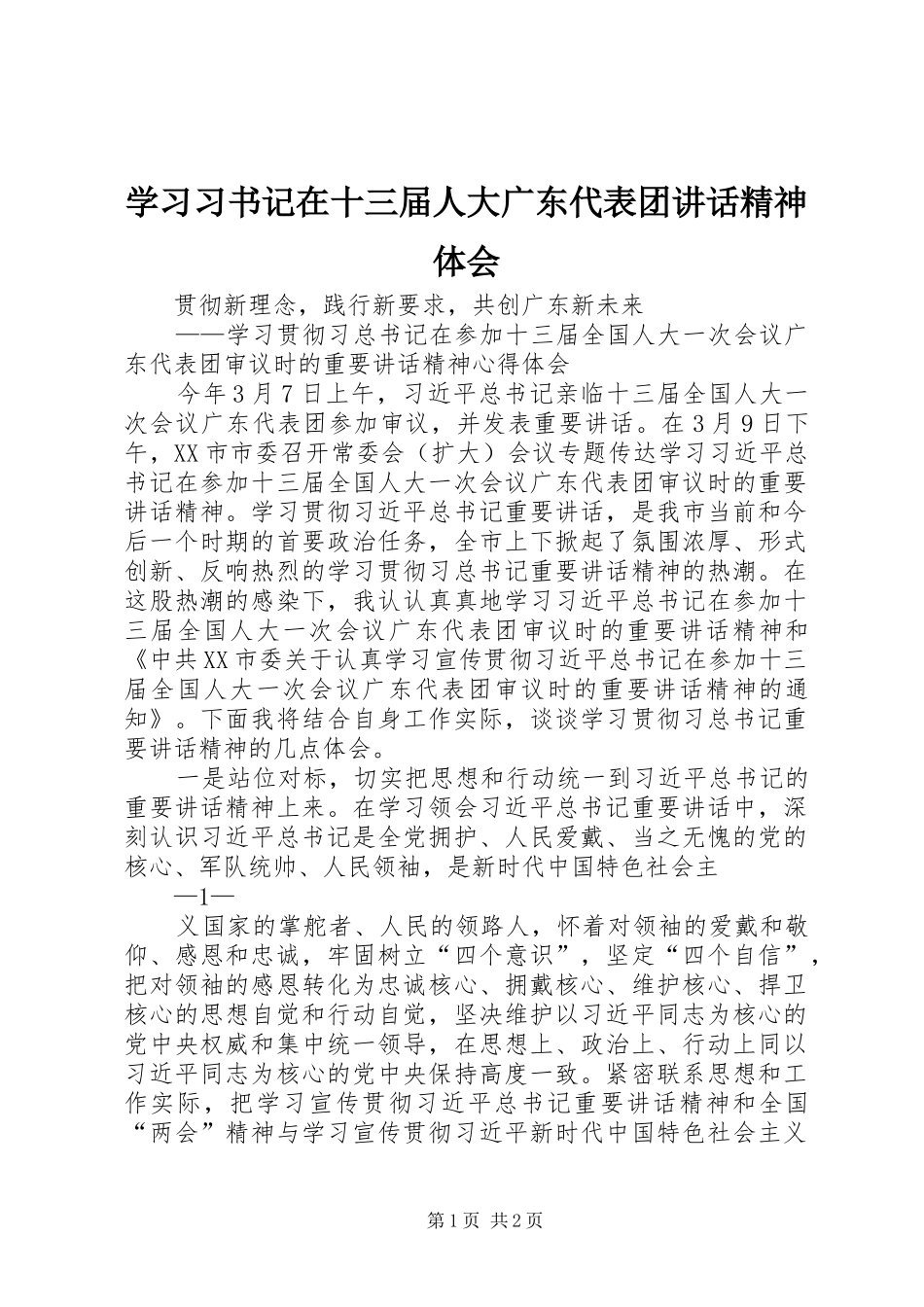 2024年学习习书记在十三届人大广东代表团致辞精神体会_第1页
