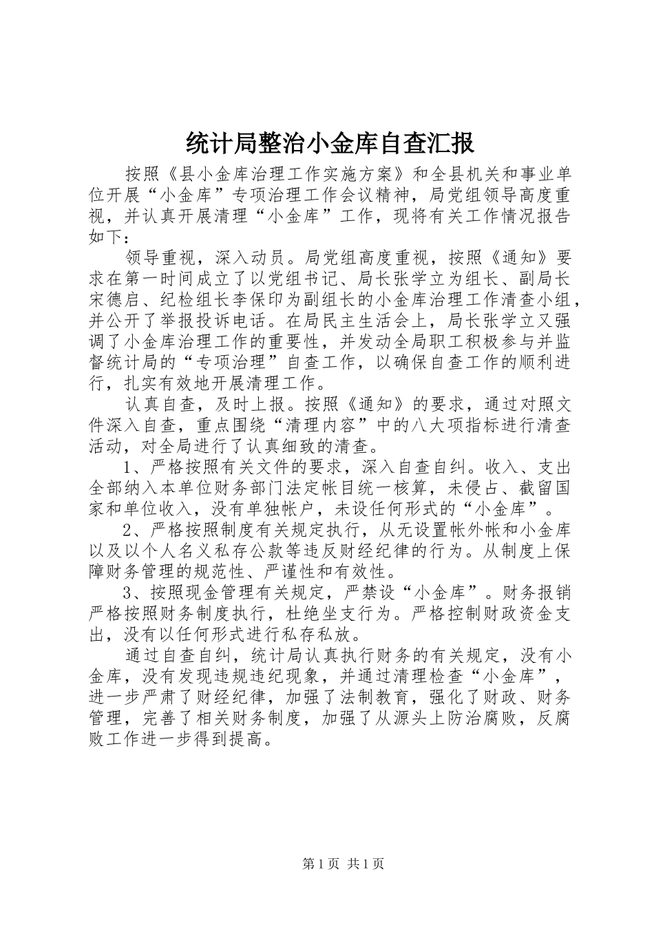 2024年统计局整治小金库自查汇报_第1页