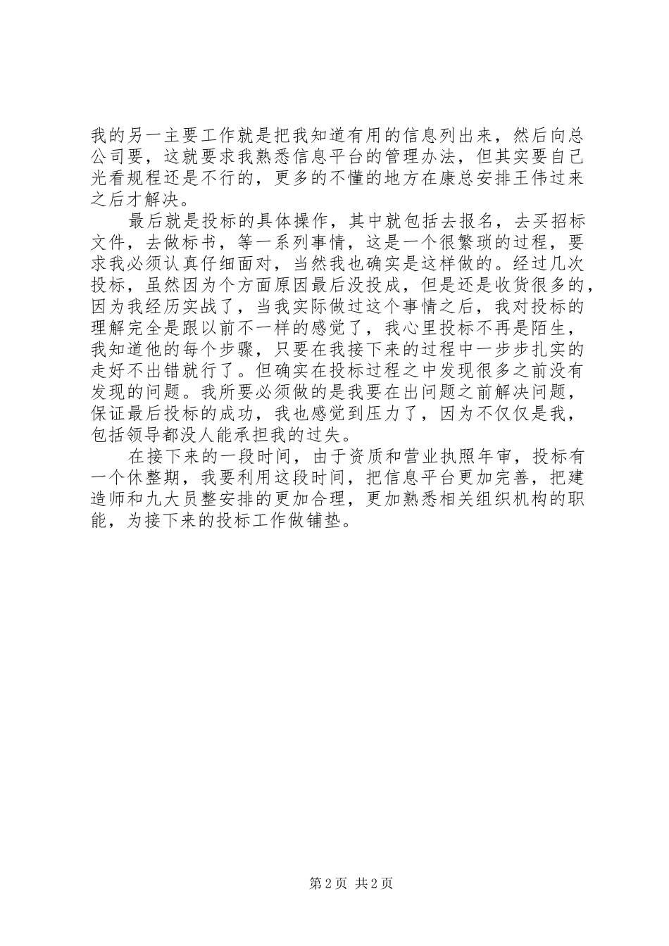 2024年投标人员一个月工作总结_第2页