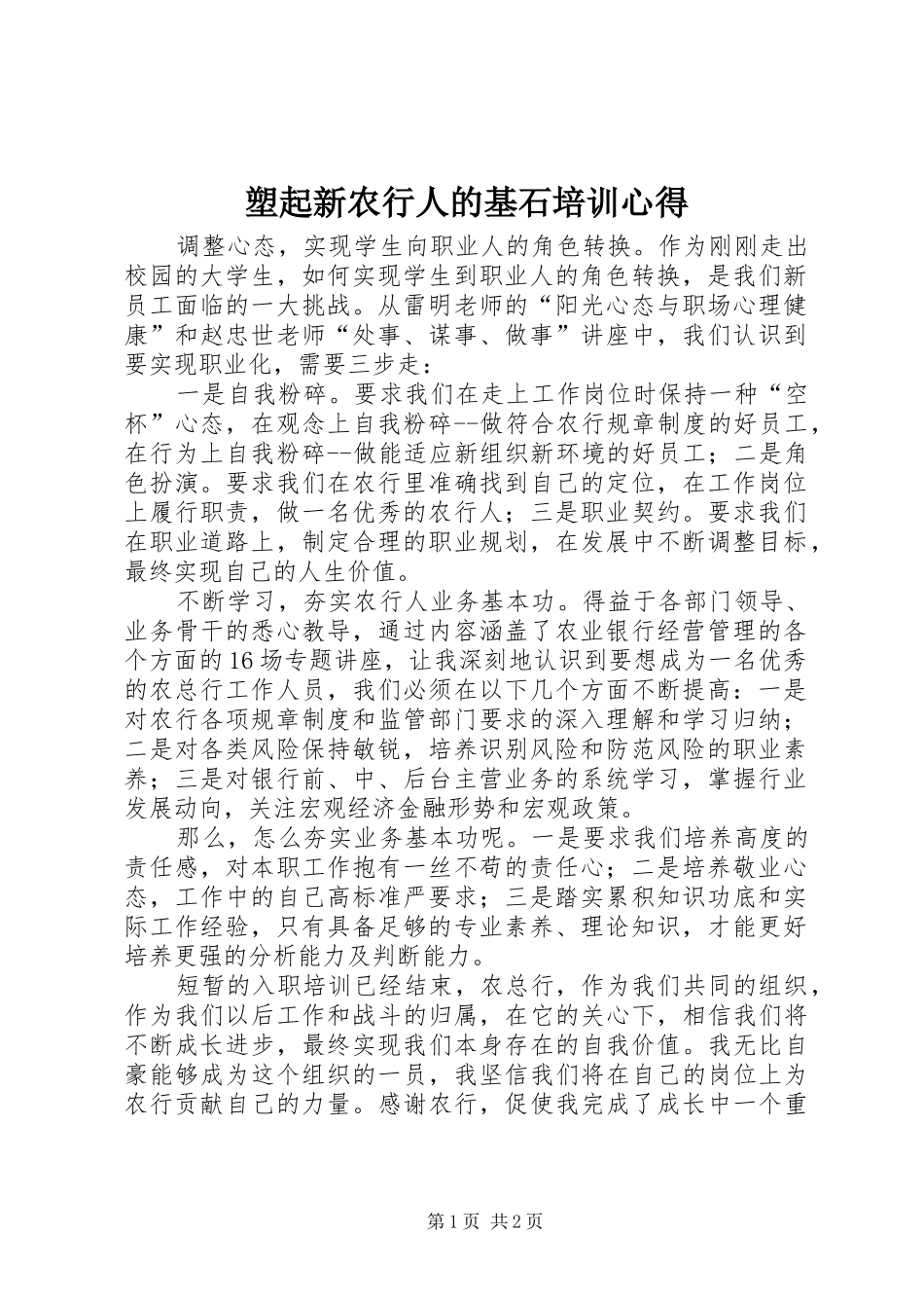 2024年塑起新农行人的基石培训心得_第1页