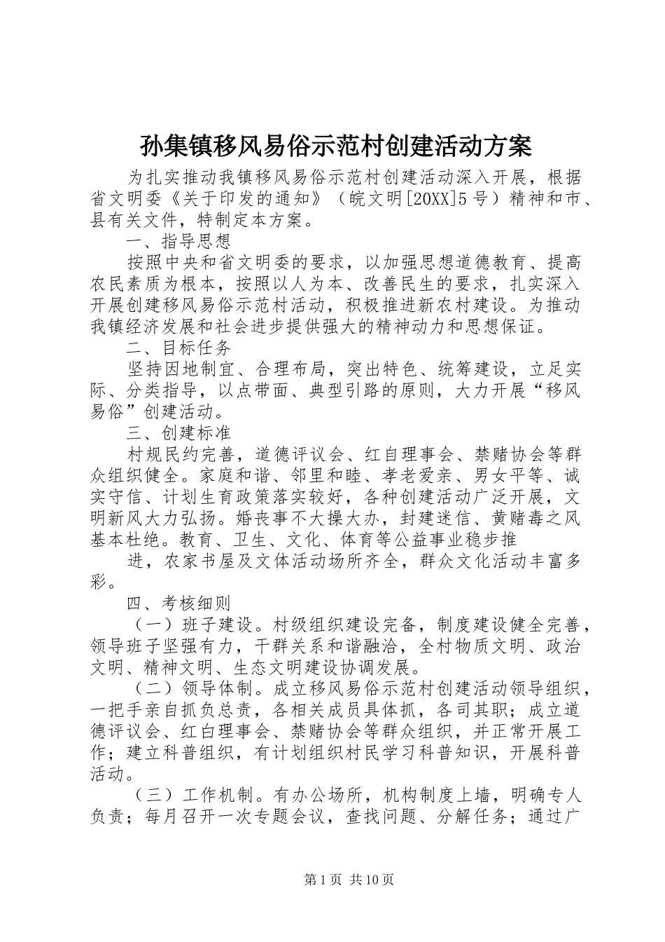 2024年孙集镇移风易俗示范村创建活动方案_第1页