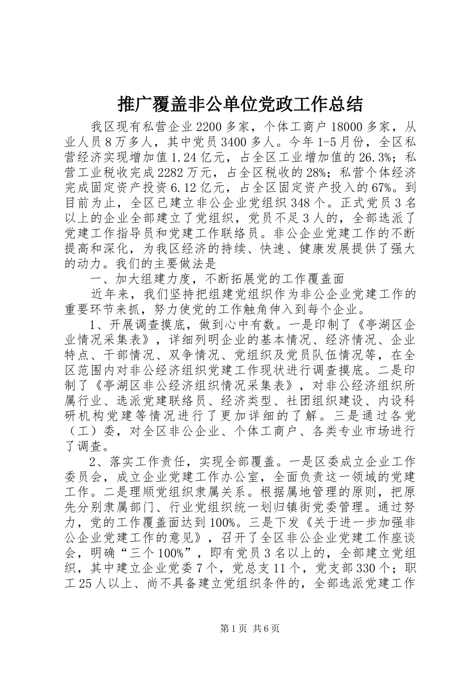 2024年推广覆盖非公单位党政工作总结_第1页
