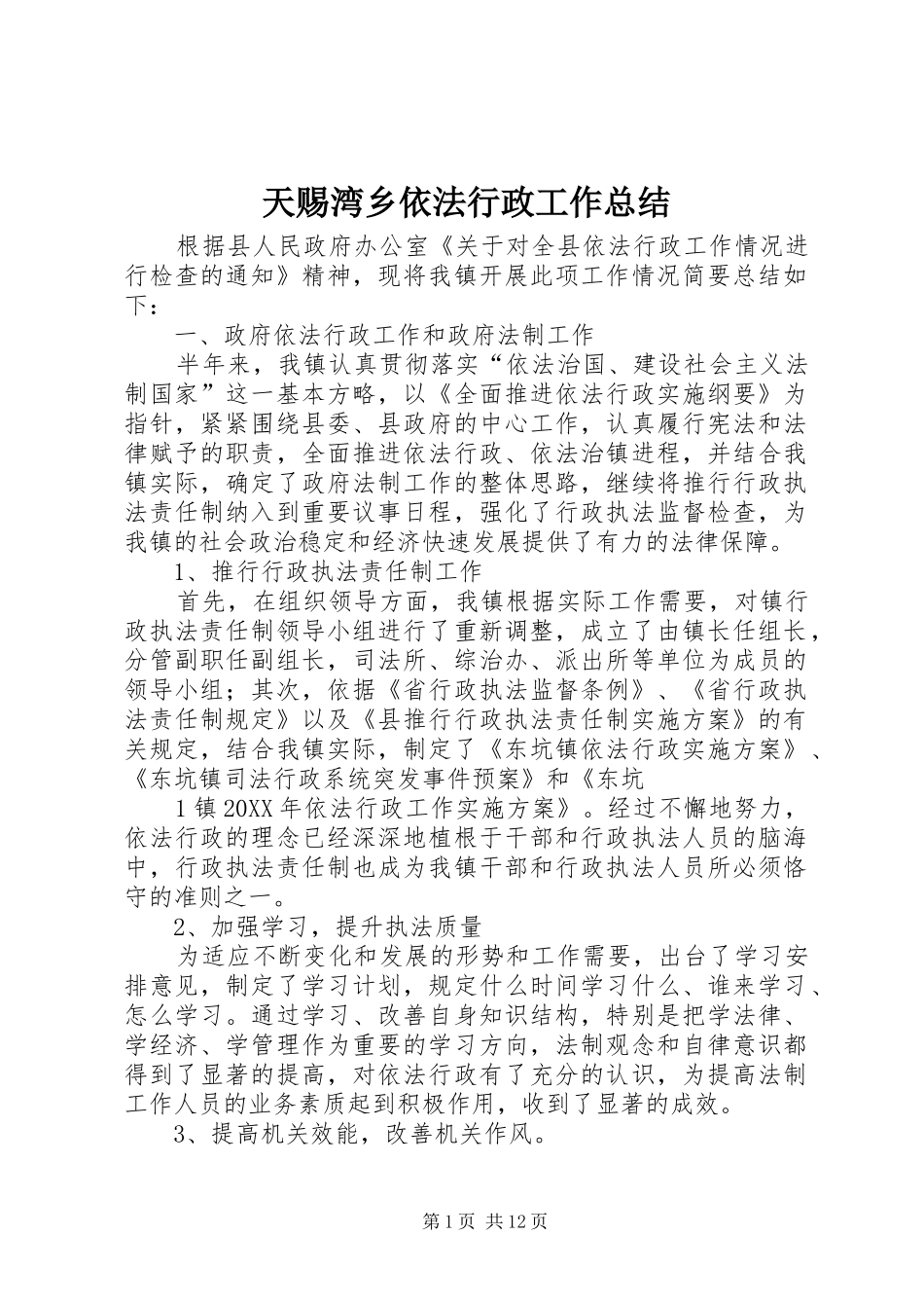 2024年天赐湾乡依法行政工作总结_第1页