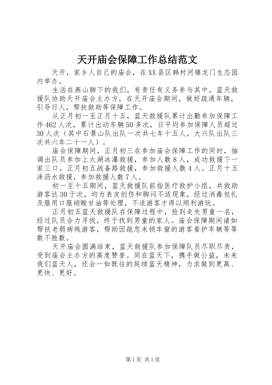 2024年天开庙会保障工作总结范文_第1页