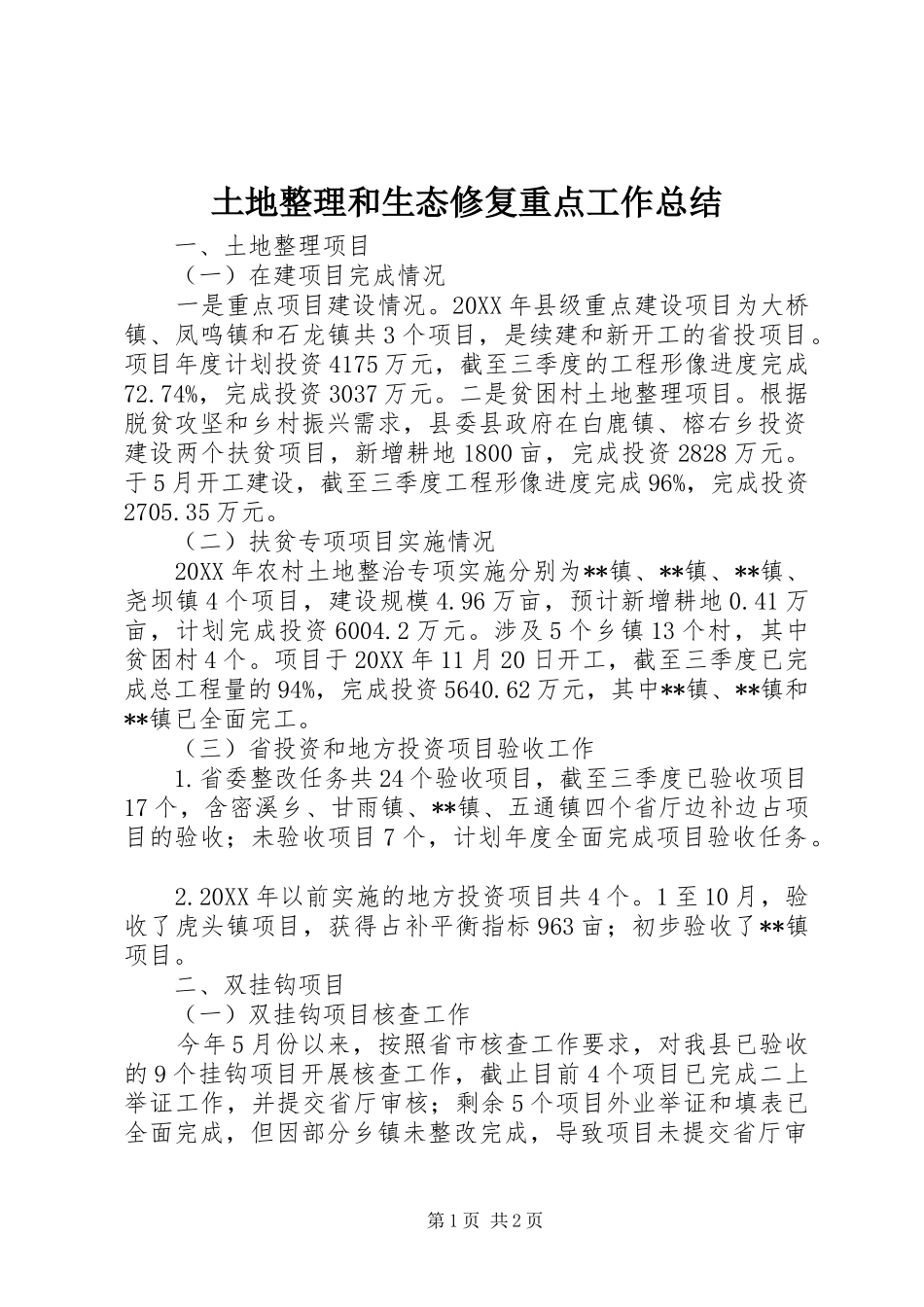 2024年土地整理和生态修复重点工作总结_第1页