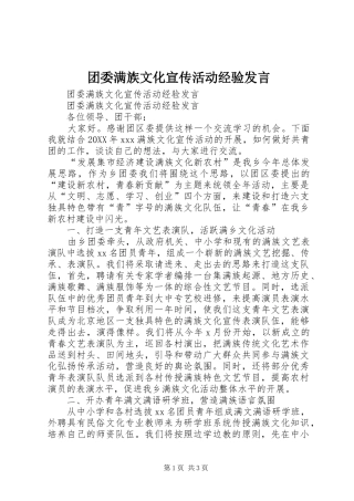 2024年团委满族文化宣传活动经验讲话