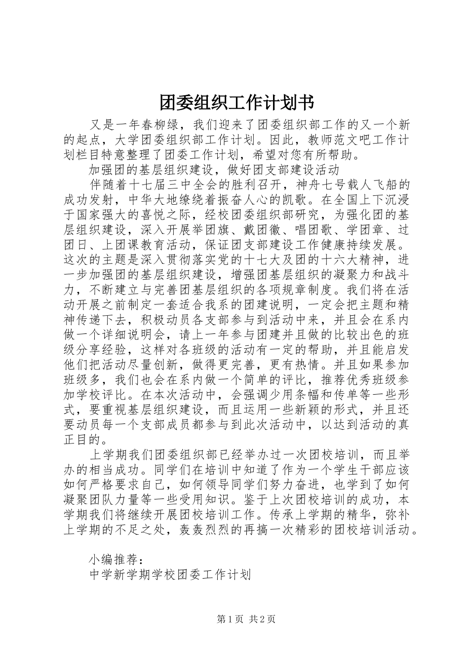 2024年团委组织工作计划书_第1页