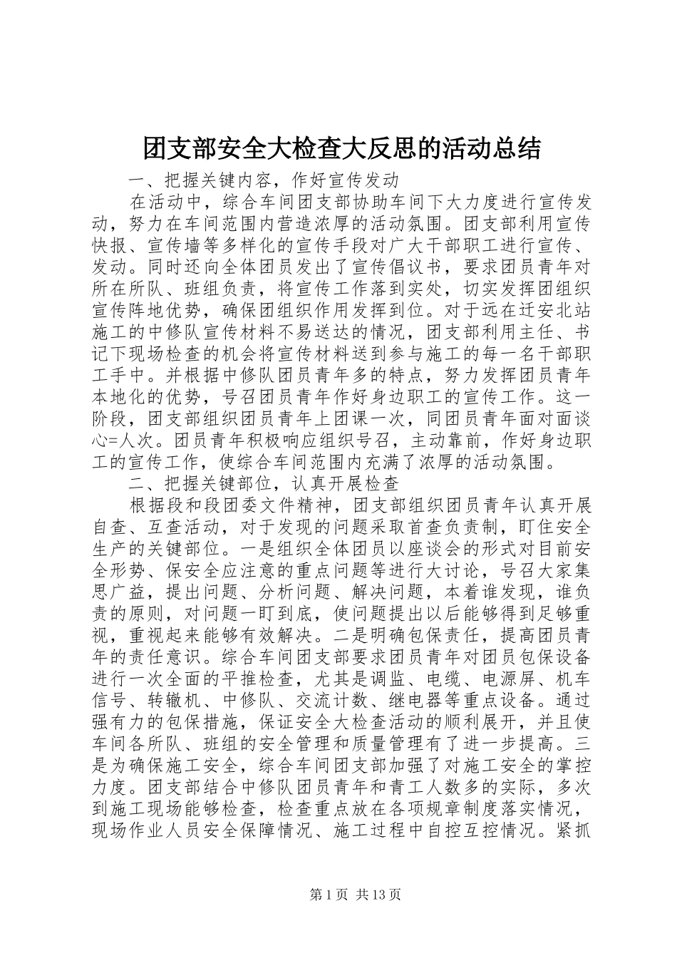 2024年团支部安全大检查大反思的活动总结_第1页