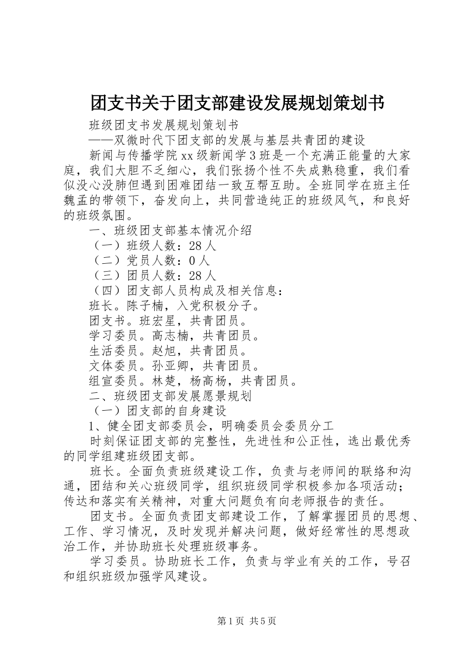 2024年团支书关于团支部建设发展规划策划书_第1页