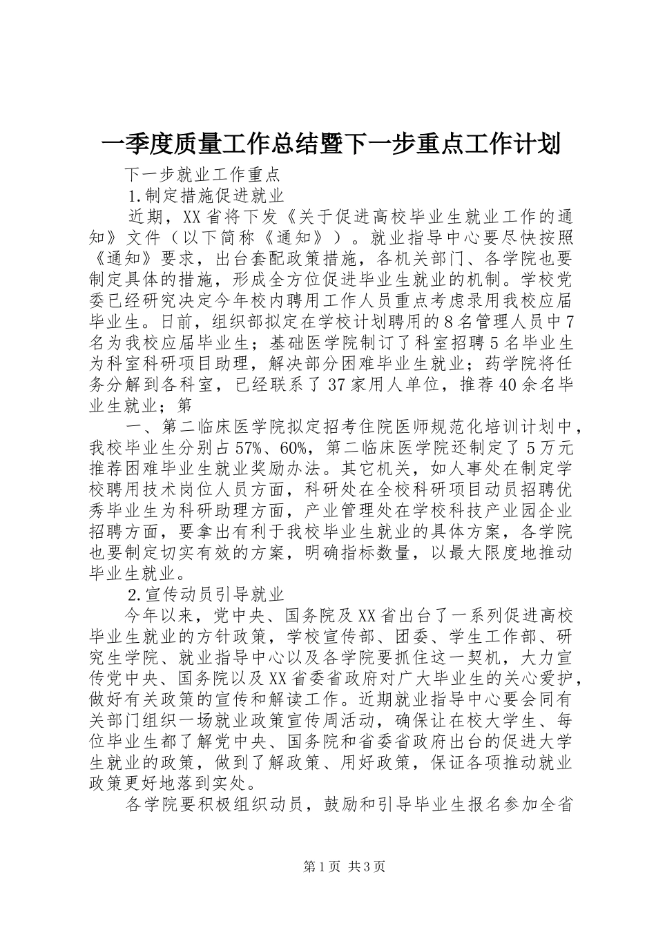 2024年一季度质量工作总结暨下一步重点工作计划_第1页