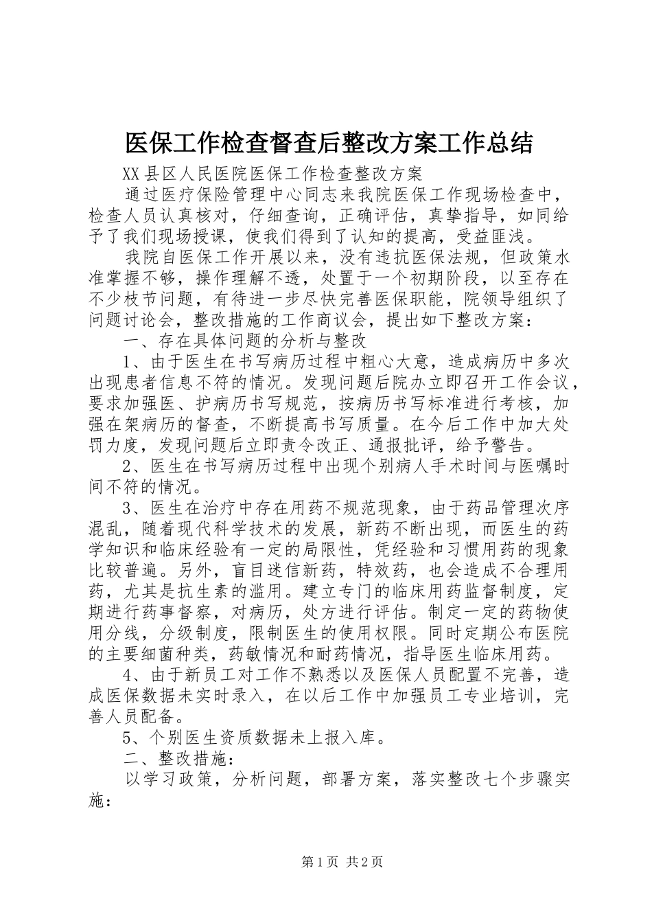 2024年医保工作检查督查后整改方案工作总结_第1页