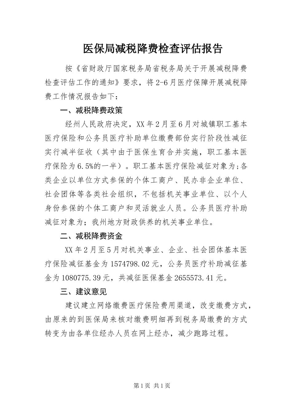 2024年医保局减税降费检查评估报告_第1页
