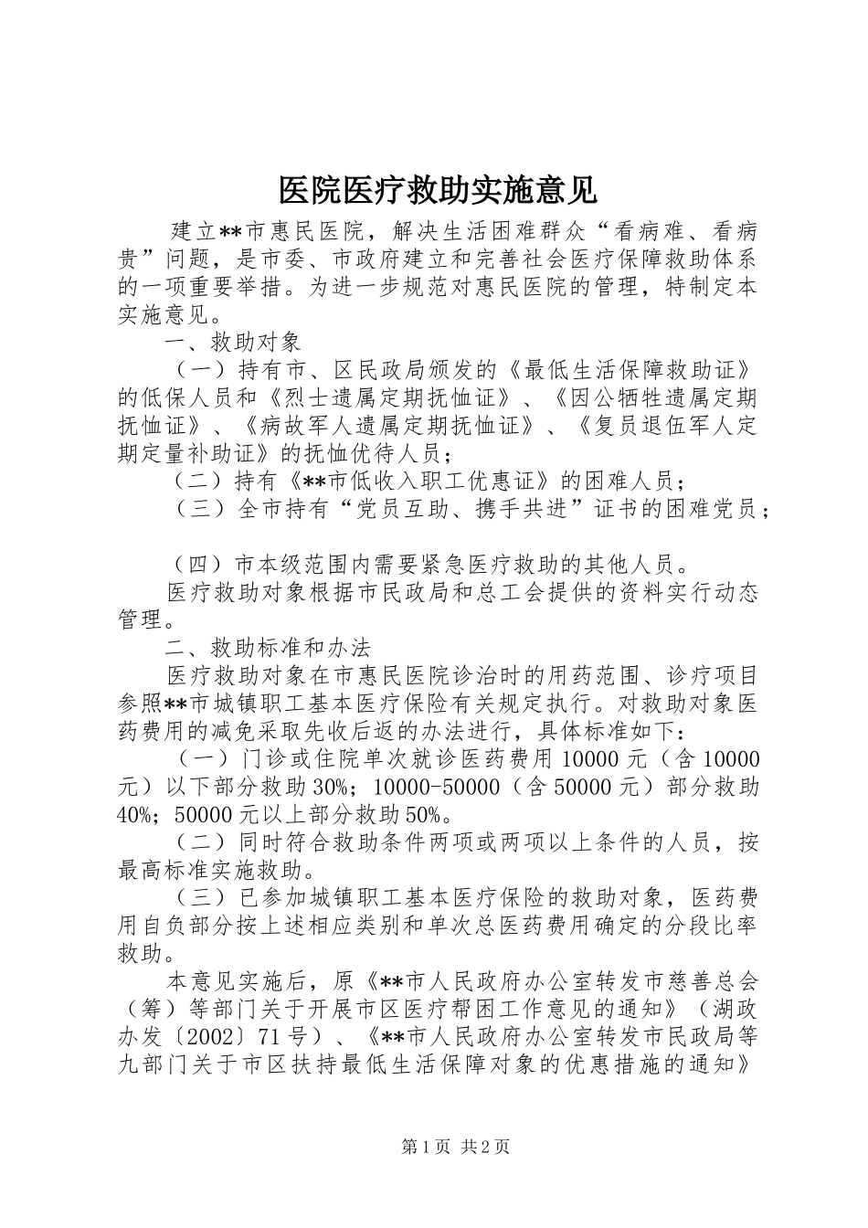 2024年医院医疗救助实施意见_第1页