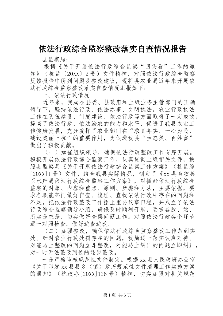 2024年依法行政综合监察整改落实自查情况报告_第1页