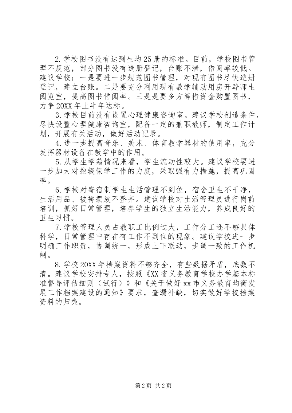 2024年学校标准化建设督导中存在的问题反馈报告_第2页