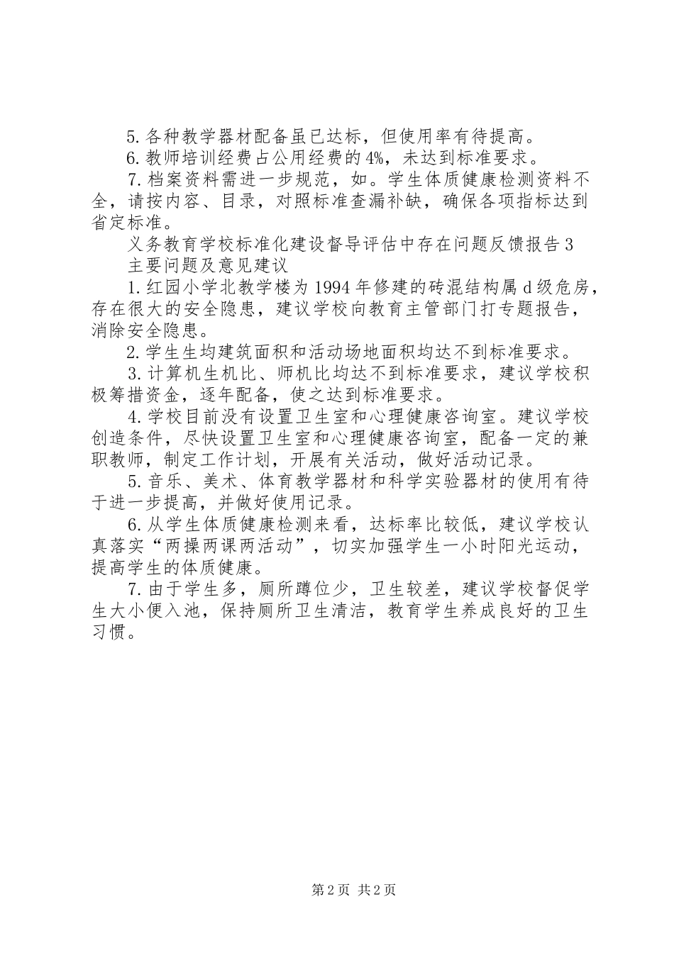 2024年学校标准化建设督导中存在问题反馈报告_第2页