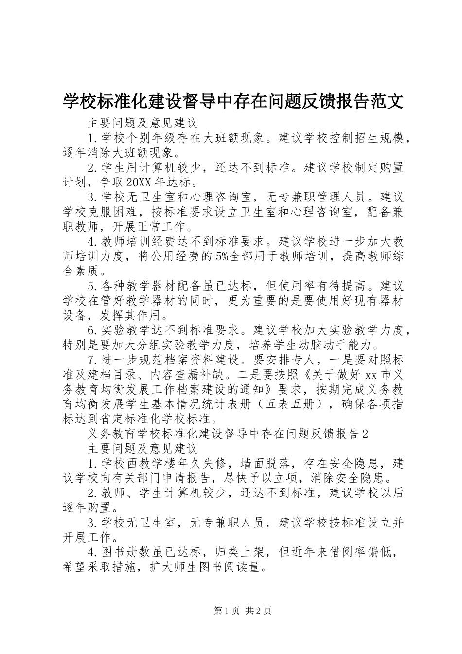 2024年学校标准化建设督导中存在问题反馈报告范文_第1页