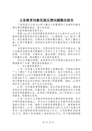 2024年义务教育均衡发展反馈问题整改报告