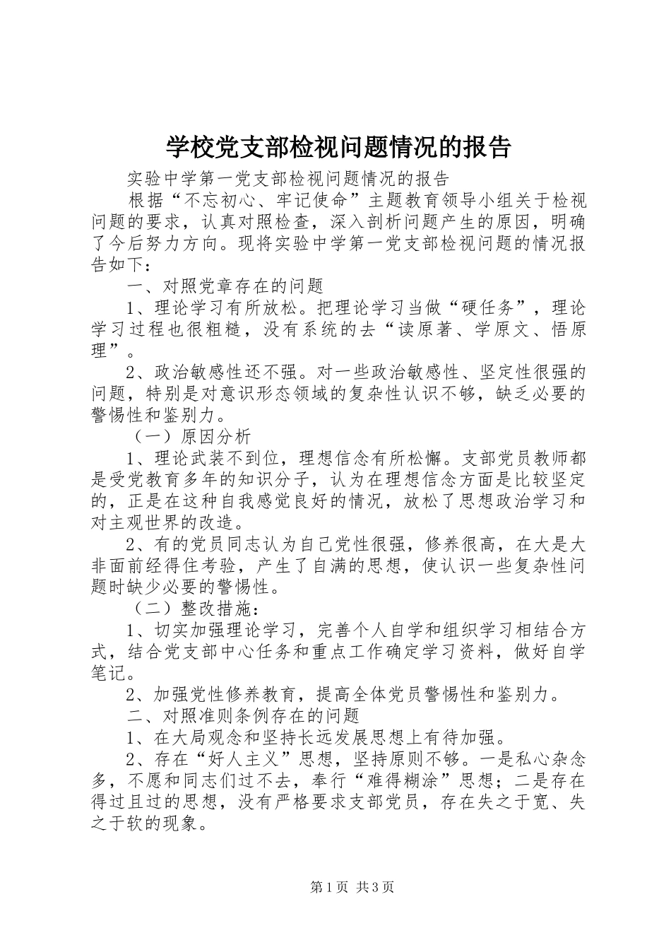 2024年学校党支部检视问题情况的报告_第1页