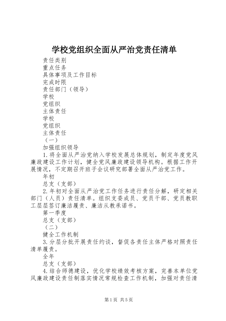 2024年学校党组织全面从严治党责任清单_第1页