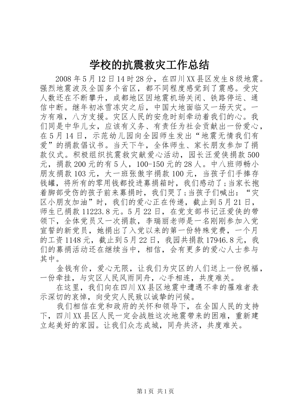 2024年学校的抗震救灾工作总结_第1页
