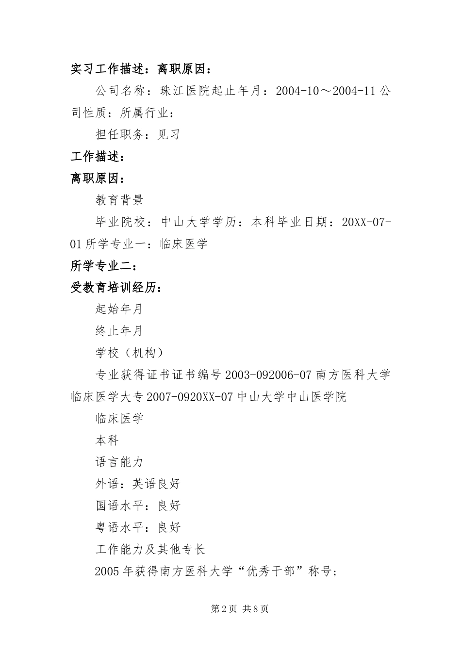 2024年优秀医生个人求职简历_第2页