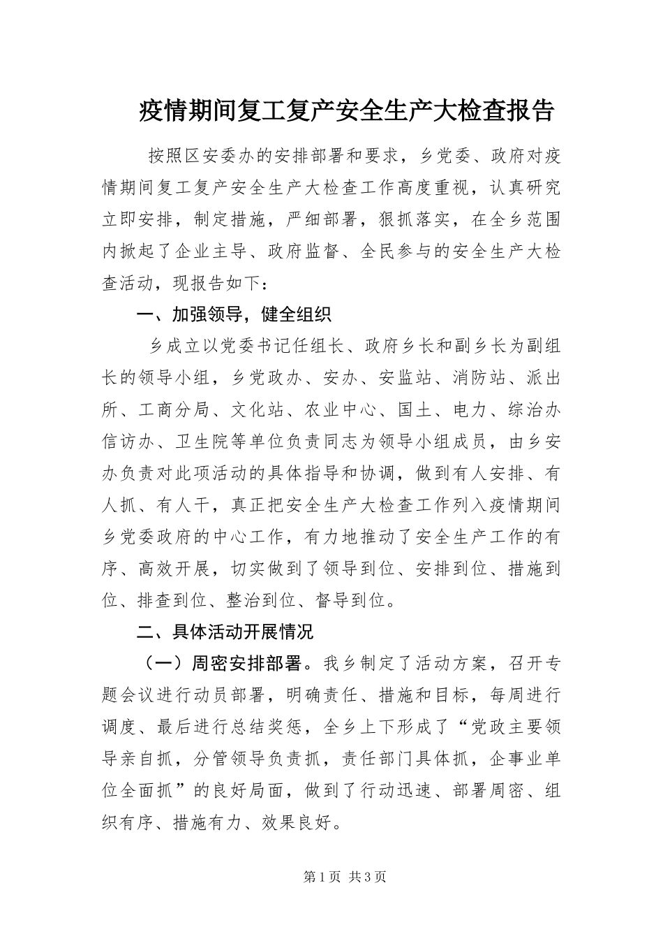 2024年疫情期间复工复产安全生产大检查报告_第1页