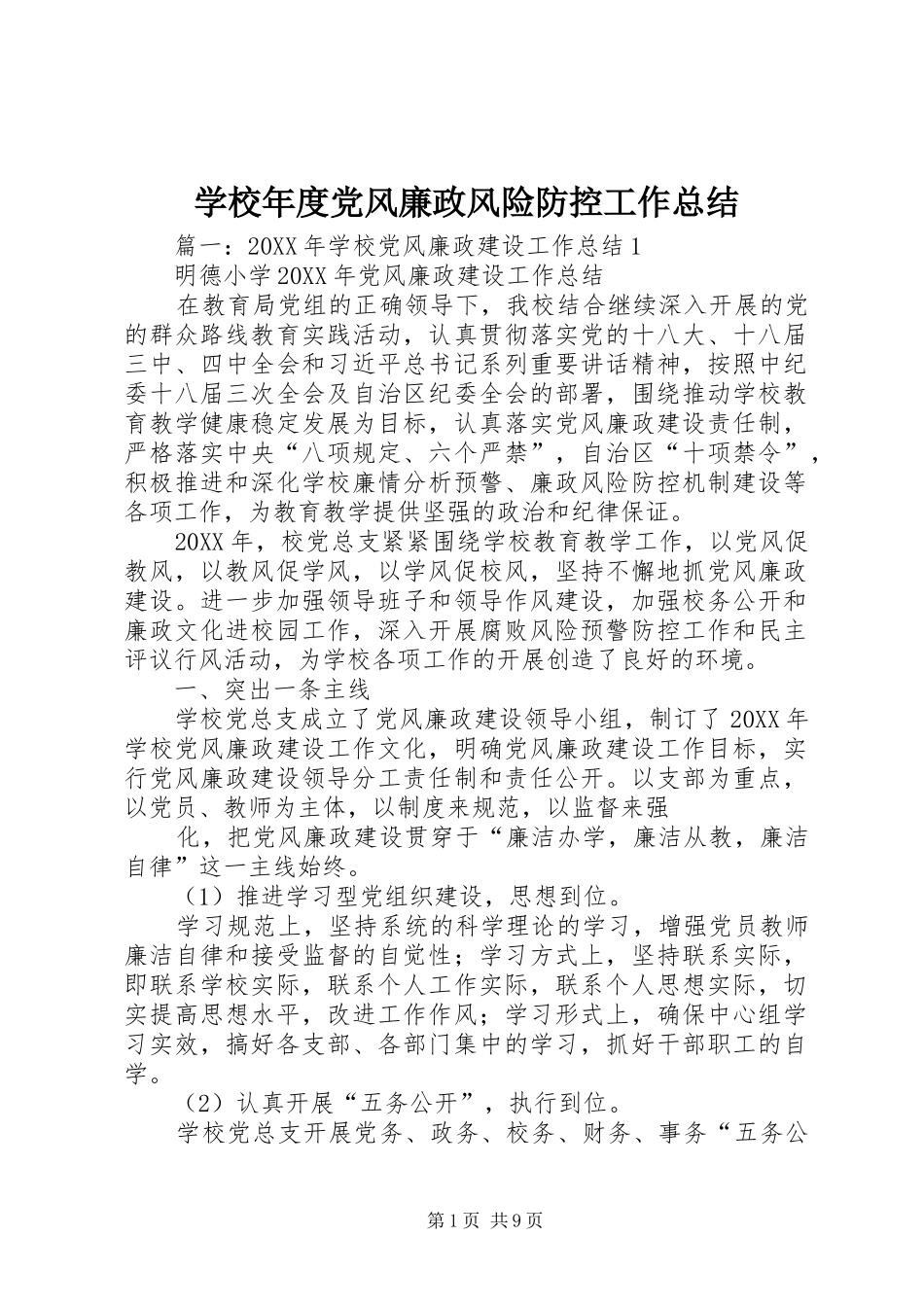 2024年学校年度党风廉政风险防控工作总结_第1页