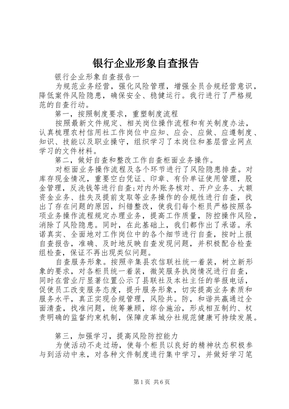 2024年银行企业形象自查报告_第1页