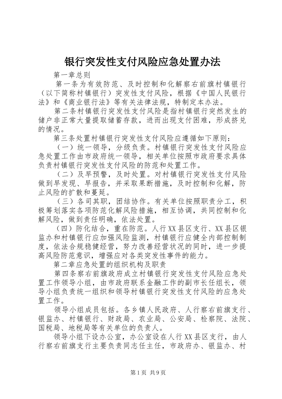 2024年银行突发性支付风险应急处置办法_第1页