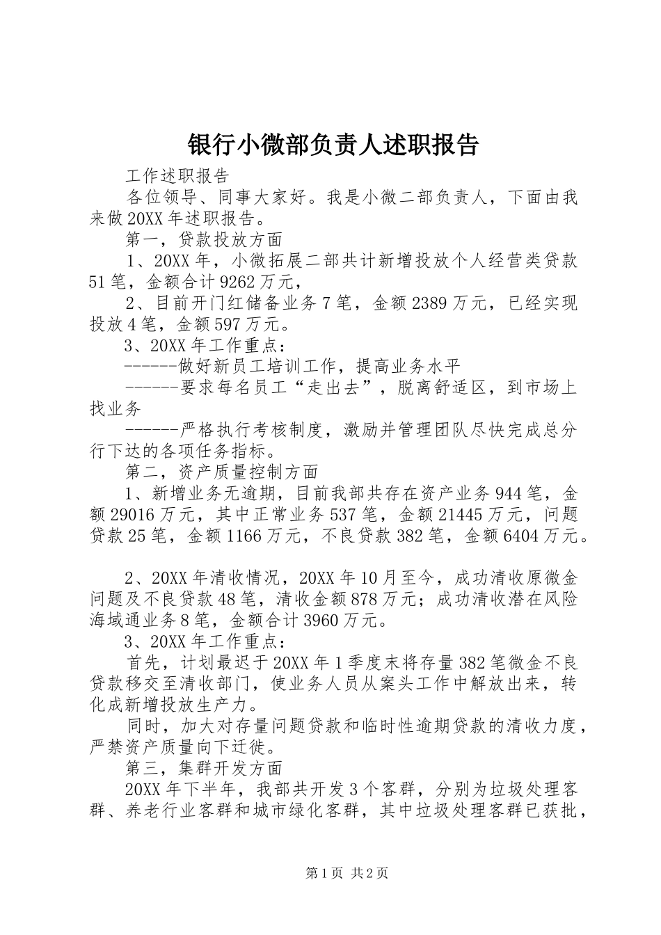 2024年银行小微部负责人述职报告_第1页