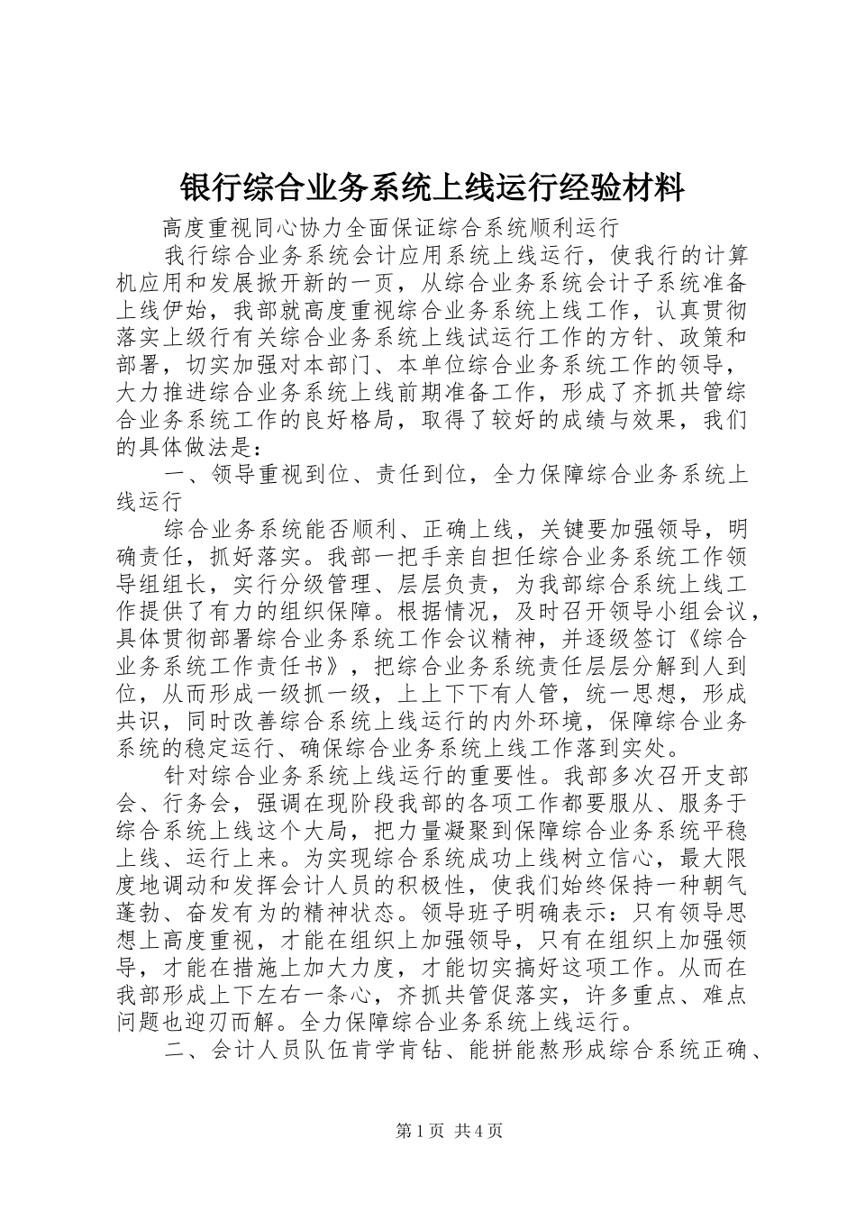 2024年银行综合业务系统上线运行经验材料_第1页