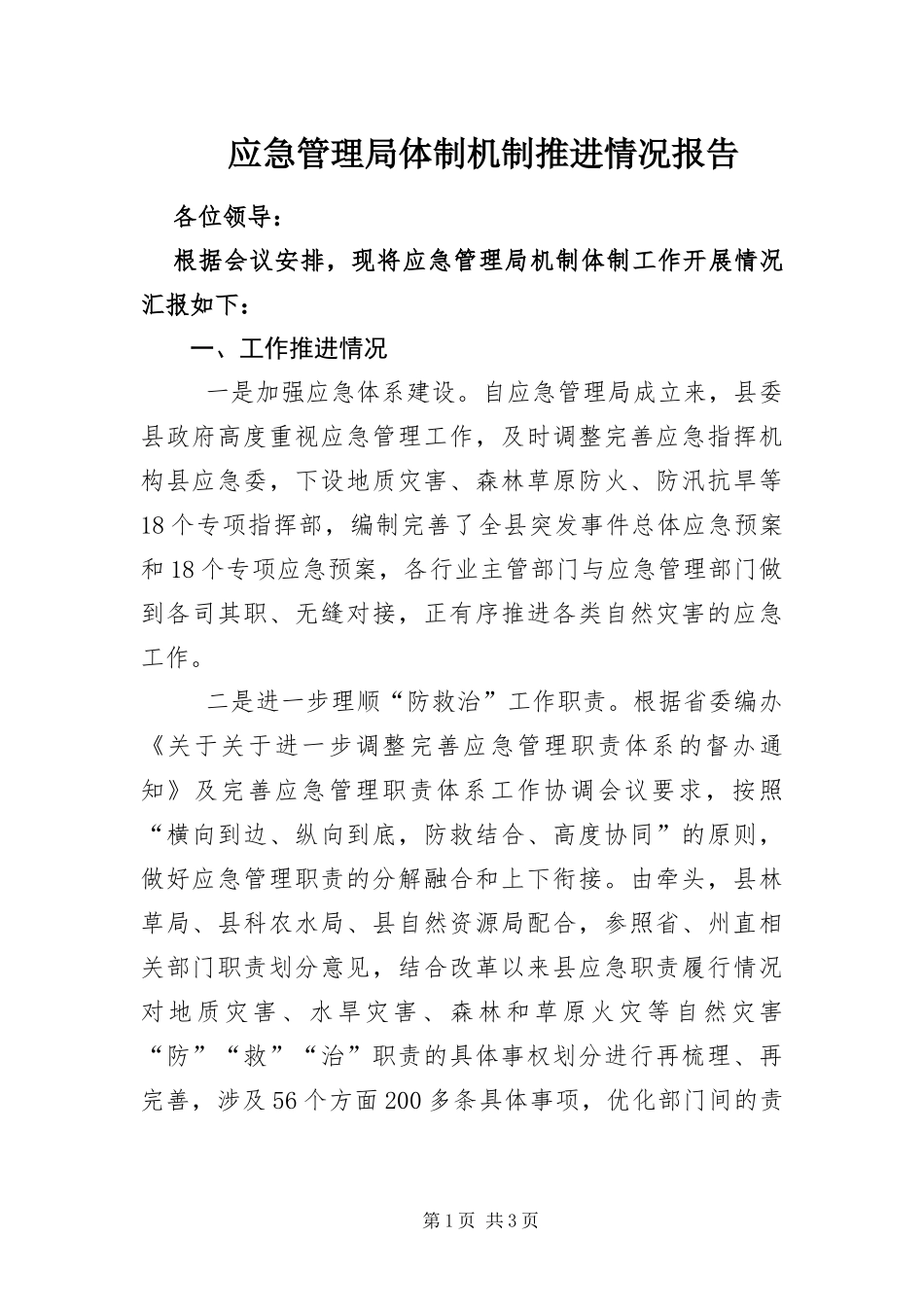 2024年应急管理局体制机制推进情况报告_第1页