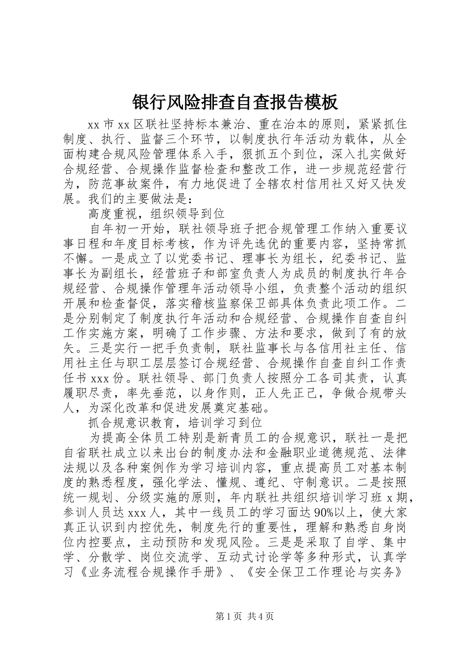 2024年银行风险排查自查报告模板_第1页
