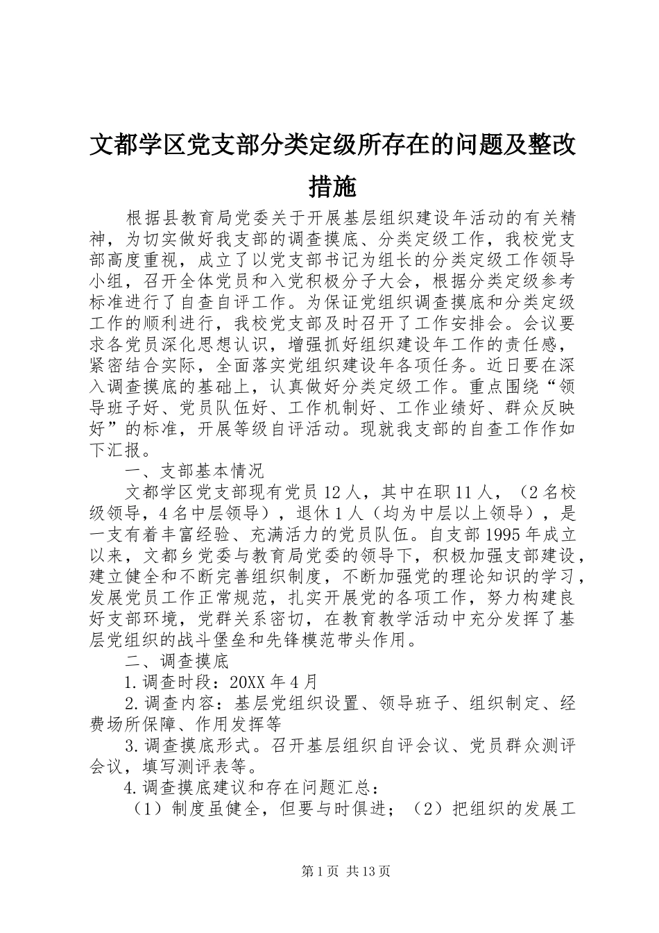 2024年文都学区党支部分类定级所存在的问题及整改措施_第1页