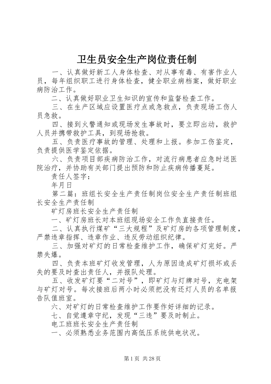 2024年卫生员安全生产岗位责任制_第1页