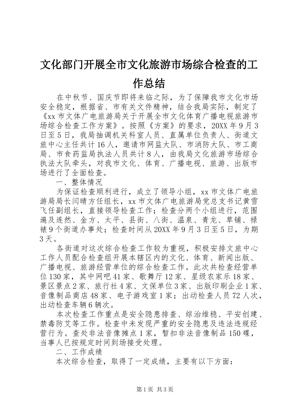 2024年文化部门开展全市文化旅游市场综合检查的工作总结_第1页