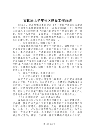 2024年文化局上半年社区建设工作总结
