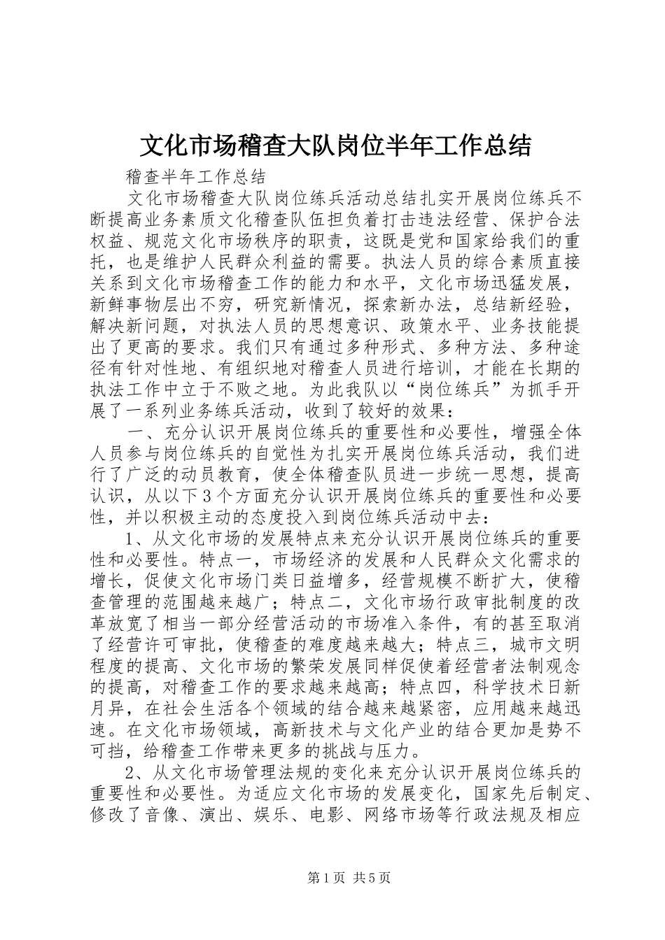 2024年文化市场稽查大队岗位半年工作总结_第1页