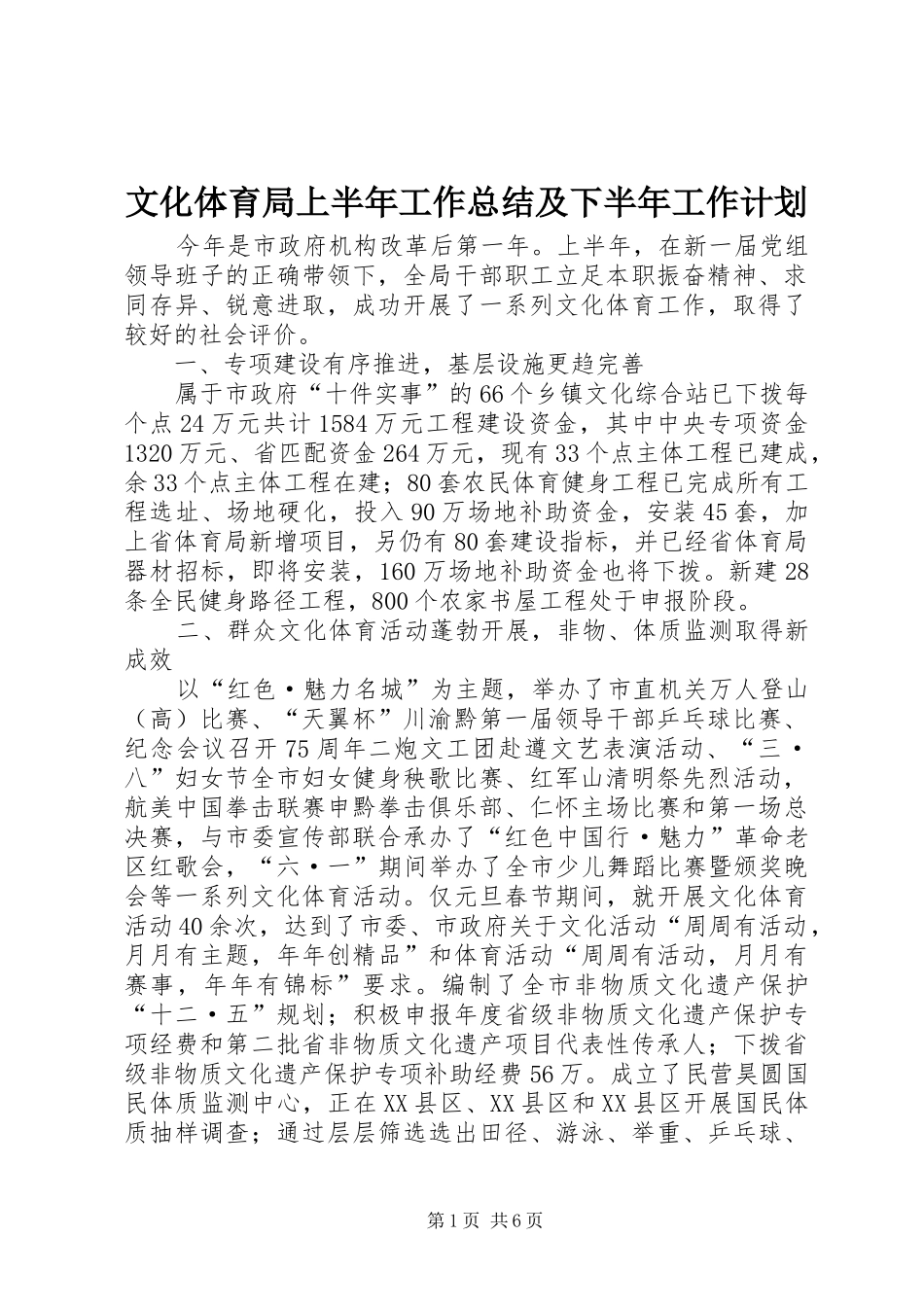 2024年文化体育局上半年工作总结及下半年工作计划_第1页