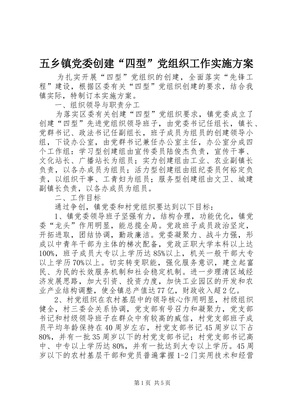 2024年五乡镇党委创建四型党组织工作实施方案_第1页